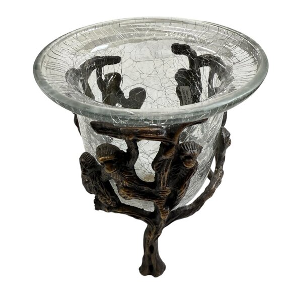 Bronze Monkeys In Tree With Crackle Glass Candle Holder Exotic Wildlife Decor - Picture 2 of 11
